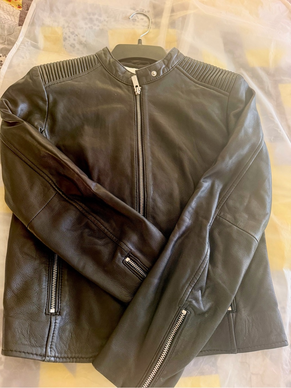 Mango Black Leather Zip-Front Womanโs Jacket